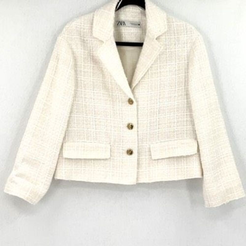 Zara Cream Notched Lapel Collar Single Breasted Tweed Textured Blazer Size XS